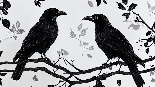 Silhouette Illustration of Birds on a Tree Branch in Nature Design