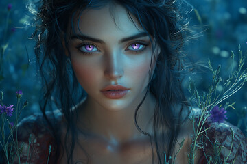 Naklejka premium A beautiful girl with violet eyes sits in a field of violet wildflowers at night. Her eyes glow bright violet, creating an atmosphere of mystery and magic.