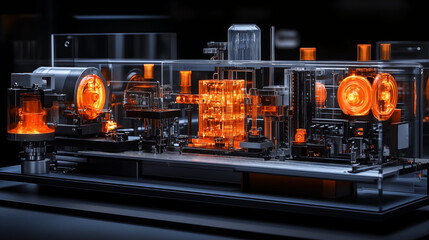 Industrial machinery system glowing orange through transparent panels, futuristic technology visualization