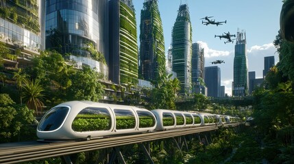 Fototapeta premium Futuristic city, elevated train, green buildings, drones.