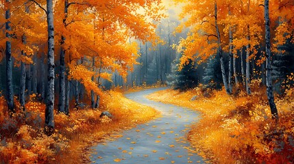 Fototapeta premium Captivating Autumn Forest Path With Tranquil Landscape Painting in Scenic Background