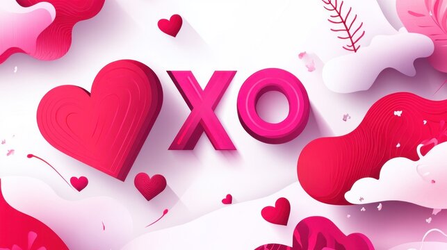 XO Valentine's Day greeting card with hearts and abstract shapes.