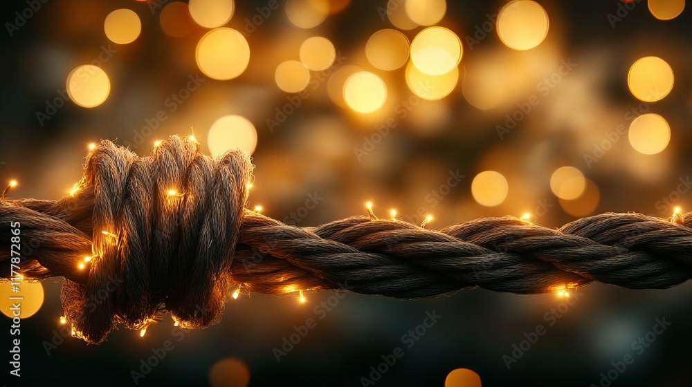 Poster warm-toned string lights wrapped around a thick rope, creating a cozy and inviting atmosphere agains