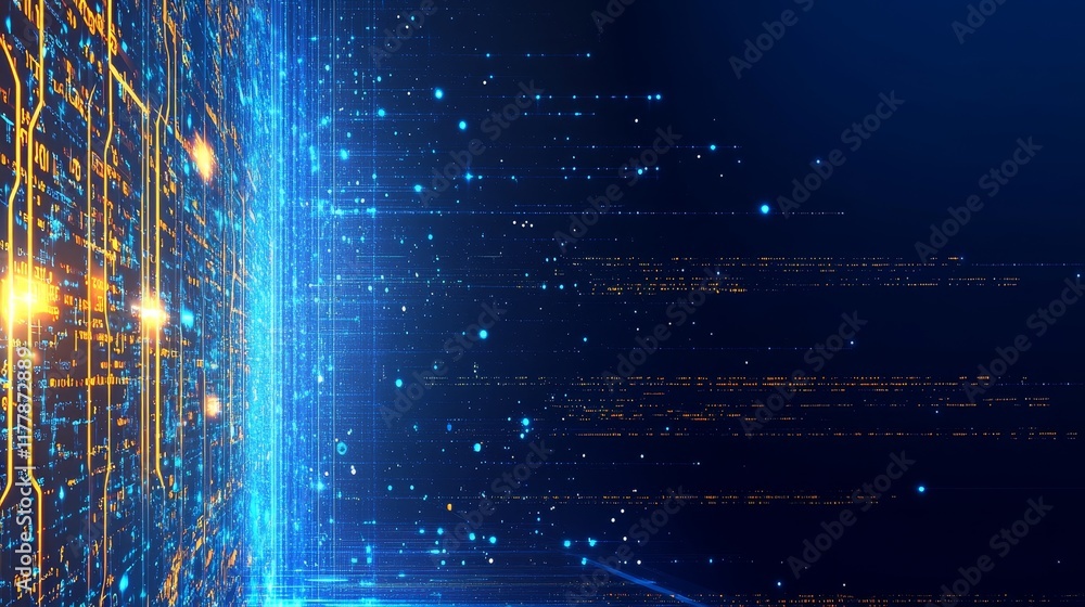Poster abstract digital background with glowing lines and particles representing technology and data flow.