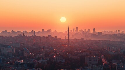Obraz premium City skyline sunrise with mosque silhouette, hazy cityscape background.