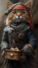 Adventurous Feline Pirate with Treasure Chest in Fantasy