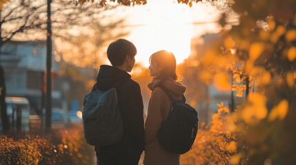 Young couple facing each other at sunset, autumn leaves.