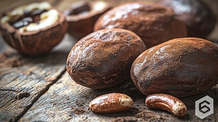 Obraz premium Cocoa dusted truffles with nuts on rustic wood table.