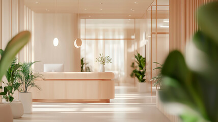 Fototapeta premium Minimalist office lobby with plants and neutral tones. Ideal for graphic resources.