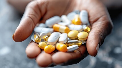 Filling a weekly pill organizer with various types of medications and supplements