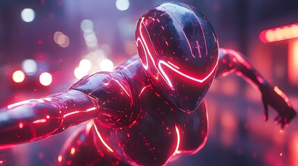 Powerful Superhero Cyborg in Neon Futuristic Armor Rushing with Speed and Energy