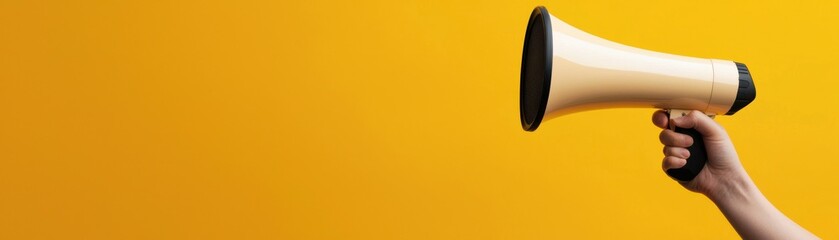 A hand holds a megaphone against a vibrant yellow background, symbolizing communication, announcements, and public speaking.