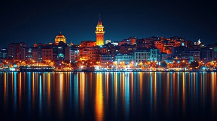 Obraz premium Coastal city lights reflecting on water at night with clock tower.