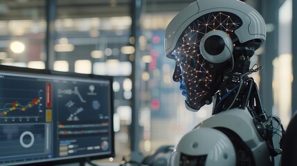 Fototapeta premium A humanoid robot with artificial intelligence analyzing deep learning models, viewing visualizations and trends on a computer screen in an office environment.