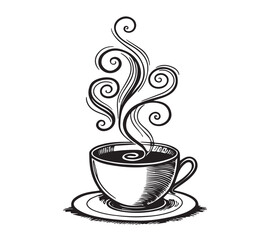 Black and white one line art icon drawing a coffee with white background
