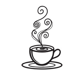 Black and white one line art icon drawing a coffee with white background
