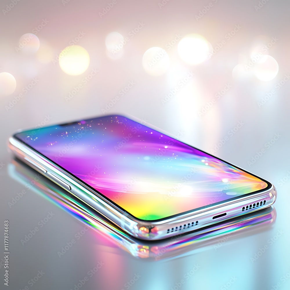 Poster sleek smartphone with vibrant, colorful display reflecting on a shiny surface against a bokeh backgr