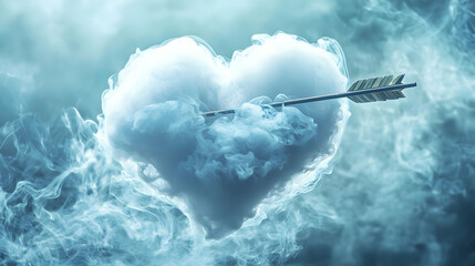A soft, ethereal heart-shaped smoke cloud, gently drifting through the air and pierced by a soft arrow, isolated against a dreamy background of light tones, evoking romance.