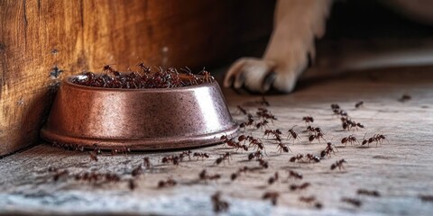 Ants swarm pet food bowl in a household environment revealing a pest problem
