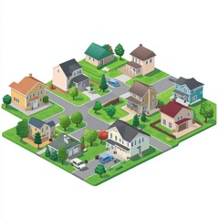 A colorful neighborhood layout with houses, trees, and roads arranged in a grid pattern.