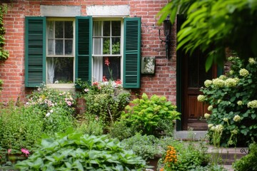 Charming brick cottage surrounded by vibrant flowers and lush greenery in a serene garden setting during the early afternoon light