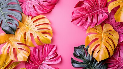 Colorful tropical leaves frame on pink background for summer designs.