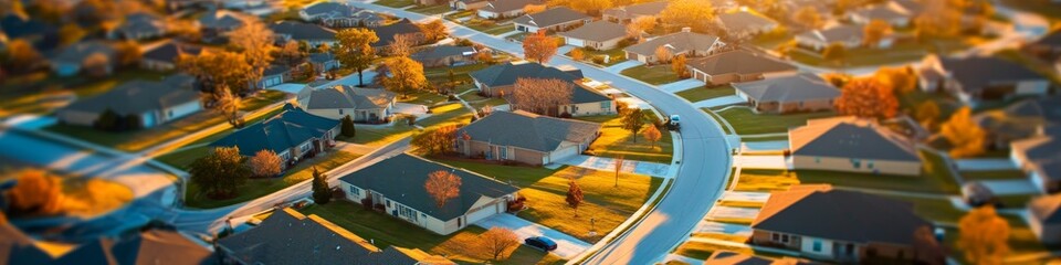 Obraz premium Aerial view of a suburban neighborhood at sunset with winding streets and houses.