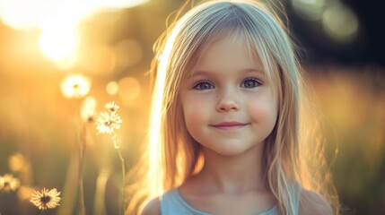 Fototapeta premium Happy little girl in sunset field.