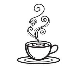 Black and white one line art icon drawing a coffee with white background