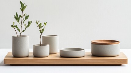 Fototapeta premium Minimalist grey ceramic vessels and wooden tray with plants.