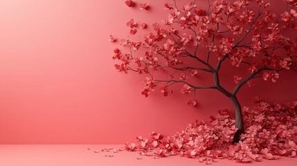 Fototapeta premium Paper Tree with Blossoming Pink Flowers and Delicate Branches