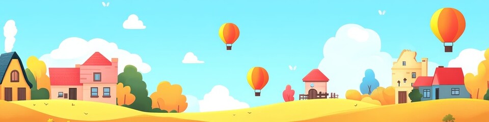 Fototapeta premium A vibrant landscape with colorful hot air balloons over charming houses and trees.