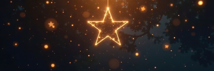 Obraz premium Bright gold star light suspended from the ceiling on a dark background shines like a tiny sun , lighting fixture, ambiance, warm glow