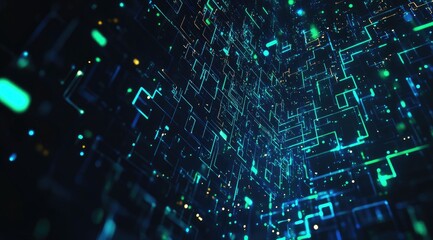 Abstract digital background with blue and green lines and glowing elements in a virtual space