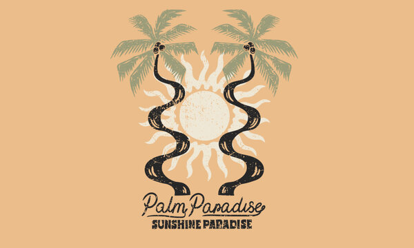 Palm tree with sunshine artwork. Paradise life abstract artwork. Abstract palm tree art . Summer good vibes vector graphic design for apparel, stickers, posters, background and others.