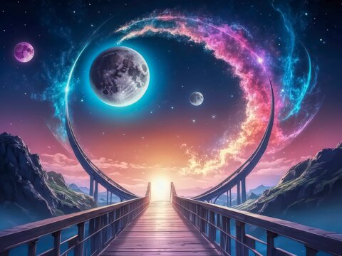 Floating moons in cosmic light, stardust bridge background