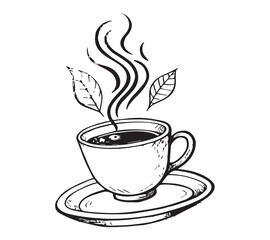 Black and white one line art icon drawing a coffee with white background