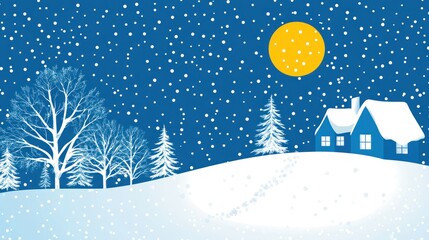 Snowy winter night scene; houses, trees, full moon, snowfall, holiday card