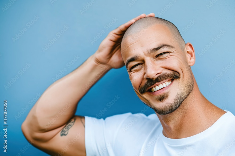 Poster a man with a shaved head and mustache is smiling and posing for a picture. he is wearing a white shi