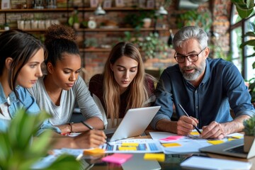 Young executives collaborating on project ideas in a modern workspace
