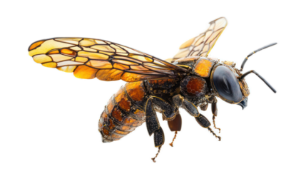 Close-up of a Vibrant Honeybee with Intricate Wing Structure and Detailed Features Isolated on a White Background for Nature and Insect Studies