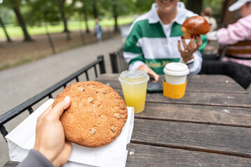 Friends enjoying chocolate chip cookies and lemonade in manhattan park