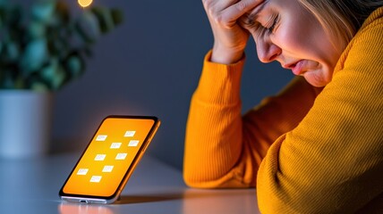 A woman appears stressed, resting her forehead on her hand while looking at a smartphone displaying apps with an orange background.