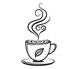 Black and white one line art icon drawing a coffee with white background
