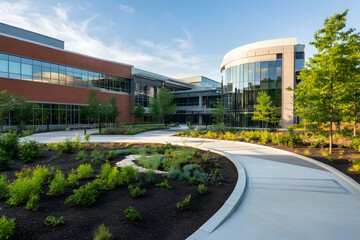 Modern healthcare facility surrounded by landscaped greenery and bright outdoor spaces