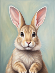 Obraz premium A charming, close-up portrait of a fluffy rabbit with large ears, featuring a soft, pastel background that highlights its adorable features.