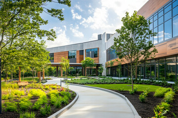 Modern healthcare facility surrounded by landscaped greenery and bright outdoor spaces