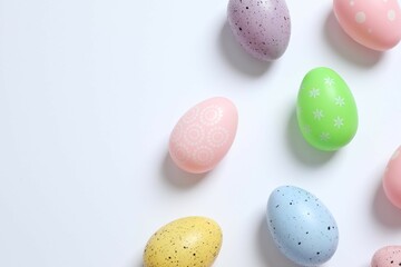 Easter eggs on white background, top view