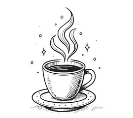 Black and white one line art icon drawing a coffee with white background