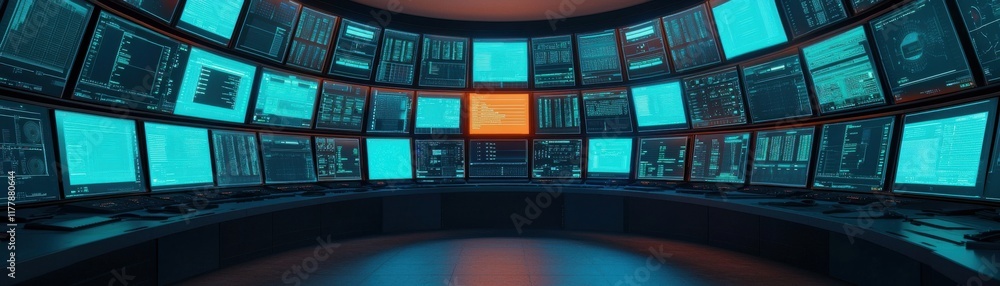 Poster a modern control room filled with multiple screens displaying data, graphs, and analytics in vibrant